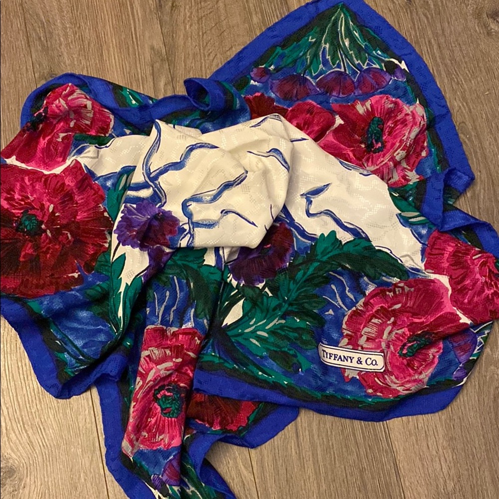 Tiffany & Co. Blue, White, Pink Floral Silk Scarf
